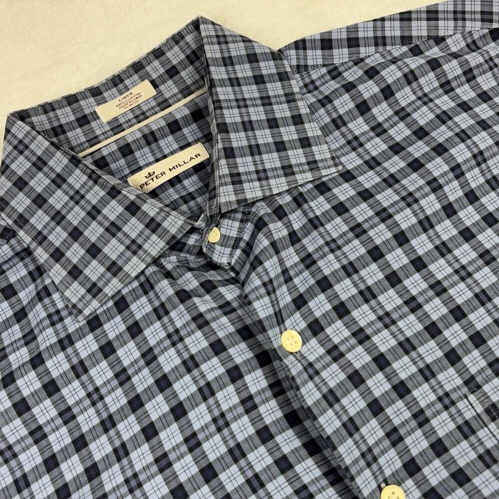 Peter Millar Button Up Shirt Men L Blue Plaid Long Sleeve Cotton Collared